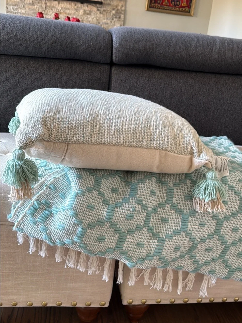 Cynthia Rowley Aqua and Cream Woven Throw